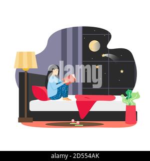 Daily life. Young woman reading book in her bed at night before going to sleep, flat vector illustration. Stock Vector