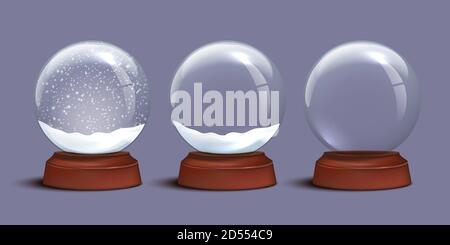 Snow globe templates. Empty glass snow globe and snow globes with snow on violet background. Vector Christmas and New Year design elements. Stock Vector