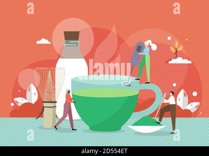 Barista tiny male and female characters making giant cup of matcha green tea, flat vector illustration Stock Vector