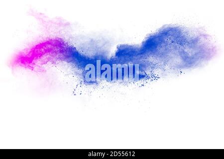 Abstract blue pink powder explosion on white background. Stock Photo