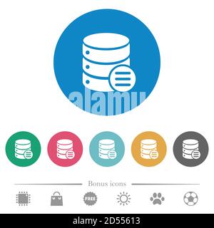 Database options flat white icons on round color backgrounds. 6 bonus icons included. Stock Vector