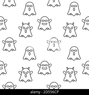 Cute ghost seamless pattern design template. Black outline design style in white color background. Flat character vector illustration. Stock Vector