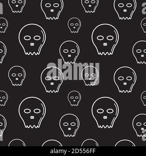 Skull character Seamless pattern design template. White outline design style in black color background. Cartoon vector illustration Stock Vector