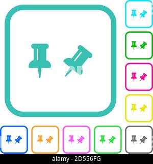 Toggle pin vivid colored flat icons in curved borders on white background Stock Vector
