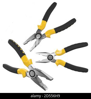 Set of yellow hand tool pliers isolated on white background. 3d render ...