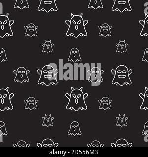 Cute ghost seamless pattern design template. Flat character vector illustration. White outline design style in black color background. Stock Vector