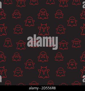 Cute ghost seamless pattern design template. Red outline design style in black color background. Flat character vector illustration. Stock Vector