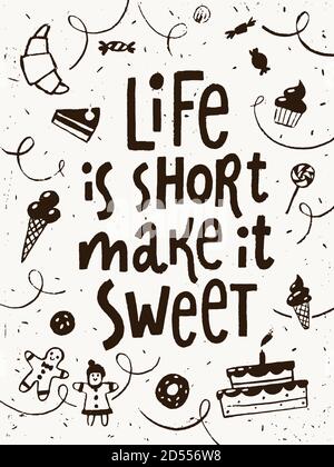 Cafe decoration coffee lettering vintage paper style poster with Sweet life motivational text Stock Vector