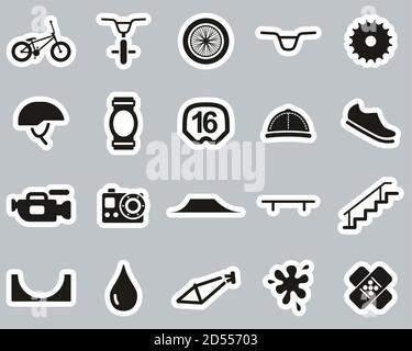 BMX Extreme Sport & Equipment Icons Black & White Sticker Set Big Stock Vector