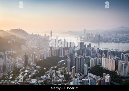 Views Over Hong Kong skyline from Jardines Lookout, near Mt Butler on Hong Kong Island. Stock Photo