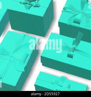 Turquoise blue gift boxes in 3D render. Realistic gift boxes with bow over white. Design for greetings. Christmas festive luxury background, Stock Photo