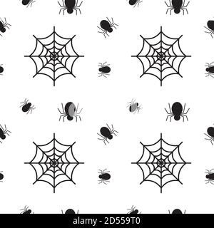 Black Spider and cobweb texture on white color background. Seamless pattern design template. Monochrome color theme vector illustration Stock Vector