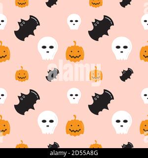 Skull, Bat and Pumpkin shape texture on pastel color background. Seamless pattern design template. White, black and orang color theme. Vector Stock Vector