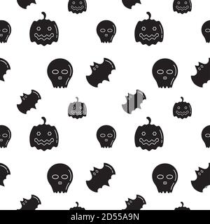 Black Skull, Bat and Pumpkin shape texture on white color background. Seamless pattern design template. Monochrome color theme. Vector illustration Stock Vector