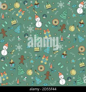 Christmas seamless pattern with snowman, fir trees and snowflakes. Perfect for wallpaper, wrapping paper, pattern fills, winter greetings, web page Stock Vector