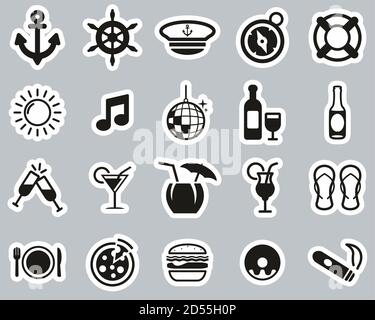 Boat Cruise Icons Black & White Sticker Set Big Stock Vector