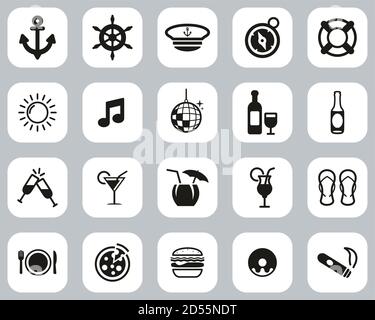 Boat Cruise Icons Black & White Flat Design Set Big Stock Vector