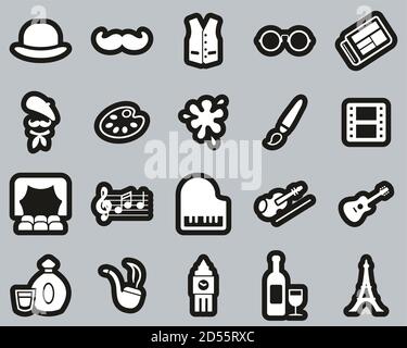 Bohemian Lifestyle Icons White On Black Sticker Set Big Stock Vector