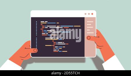 web developer hands using tablet pc creating program code development of software and programming concept vector illustration Stock Vector