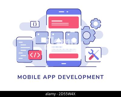 Mobile app development concept wire frame ui on display smartphone screen code coding gear wrench screwdriver white isolated background with flat Stock Vector