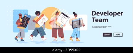 mix race web developers creating program code development of software and programming concept full length horizontal copy space vector illustration Stock Vector