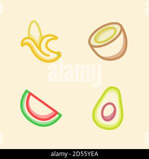 Fruit icon set collection banana coconut water melon avocado white isolated background with stroke color outline style Stock Vector