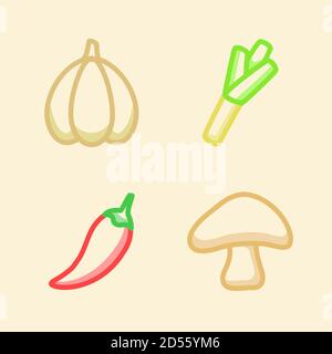 Seasoning icon set collection garlic leek chili mushroom white isolated background with stroke color outline style Stock Vector