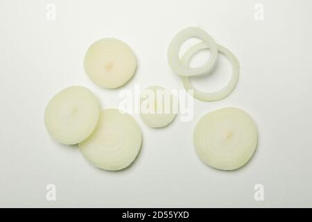 Fresh onion slices on white background, top view Stock Photo
