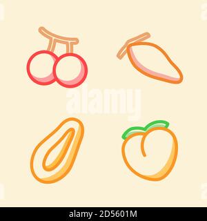 Fruit icon set collection cherry date papaya peach white isolated background with stroke color outline style Stock Vector