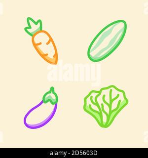 Vegetable icon set collection carrot cucumber eggplant lettuce white isolated background color outline style Stock Vector
