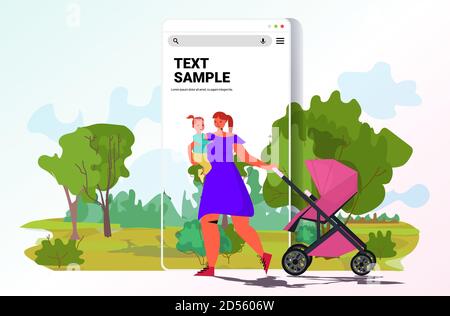 young mother holding newborn baby and pushing stroller family walking in park motherhood concept smartphone screen landscape background horizontal full length vector illustration Stock Vector