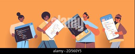 mix race web developers creating program code development of software and programming concept portrait horizontal copy space vector illustration Stock Vector