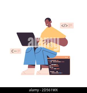 web developer using laptop creating program code development of software and programming concept full length vector illustration Stock Vector