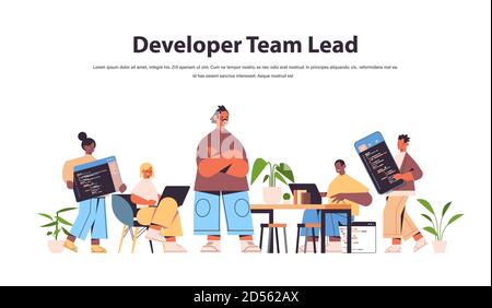 team lead engineer with mix race web developers coding together creating program code development of software and programming concept full length horizontal vector illustration Stock Vector