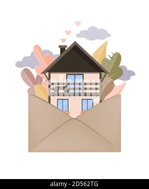 Autumn forest and house in Envelope. Hygge autumn and cosy home concept. Vector illustration Stock Vector