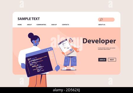 web developers couple creating program code development of software and programming concept horizontal copy space vector illustration Stock Vector