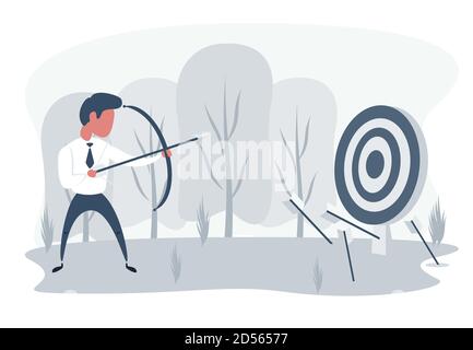 Businessman loser with archery. Not hit target, arrows around. Sad male character aiming target with bow and arrows. Unsuccessful entrepreneur. Failed Stock Vector