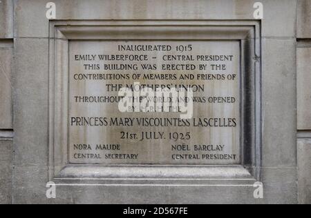 London, England, UK. Mary Sumner House, 24 Tufton Street. Headquarters of the Mother's Union. Stone inscription on the facade Stock Photo