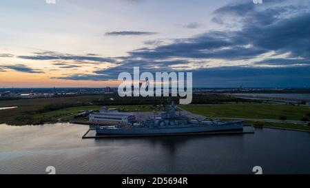 The USS Alabama battleship at sunset Stock Photo