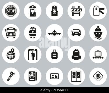 Border Crossing Icons Black & White Flat Design Circle Set Big Stock Vector