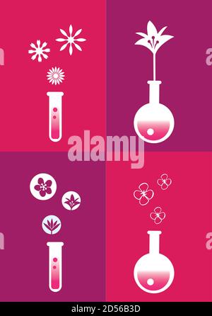 Flowers emerging from laboratory test tubes and round-bottom flask. Concept for scent and perfume fragrance making Stock Vector