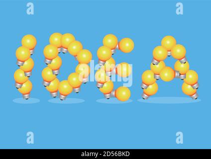 Creative word art design with light bulb symbols making up IDEA text. Vector illustration isolated on bright blue background. Stock Vector