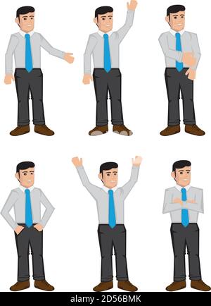 Vector icon set of six full body cartoon white collar male business executives in color isolated on white background Stock Vector