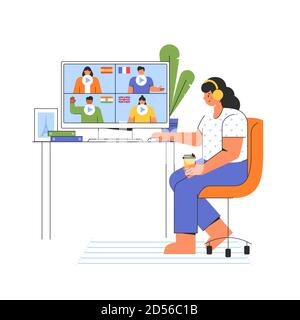 Distance online education concept. Girl chooses a course to study a foreign language on the website. E-learning at home. Vector illustration isolated Stock Vector