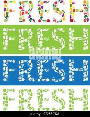 Fresh text using fruit and vegetables icons. Vector illustration Stock Vector