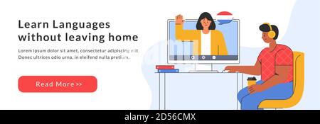 E-learning a foreign languages at home. A man is studying an online French course on the website. Distance education. Vector template of web banner. Stock Vector