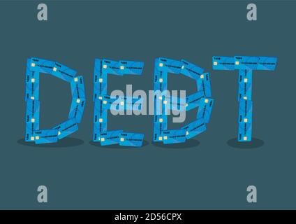 Text DEBT formed by credit cards vector illustration isolated on green plain background. Vector illustration on credit card debt concept for financial Stock Vector