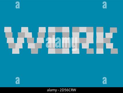 Vector illustration of stacks of paper document piled up to form text WORK isolated on plain blue background.. Play on word paperwork. Stock Vector
