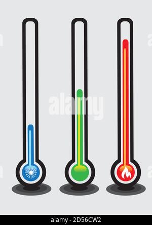 Set of three mercury-in-glass thermometers with colors and symbols to show hot, cold and room temperature. Vector illustration isolated on grey plain Stock Vector