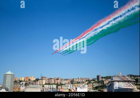 GENOA, ITALY MAY 26, 2020 -  Acrobatic air performance of Frecce tricolori (tricolour arrows) in the sky. Frecce Tricolori, in Genoa, Italy. Stock Photo